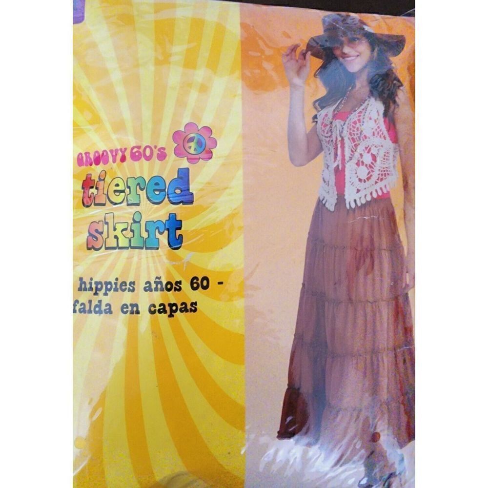 Groovy 60s Hippie Costume Brown Tiered Skirt Maxi Flower Child Peace Love Boho